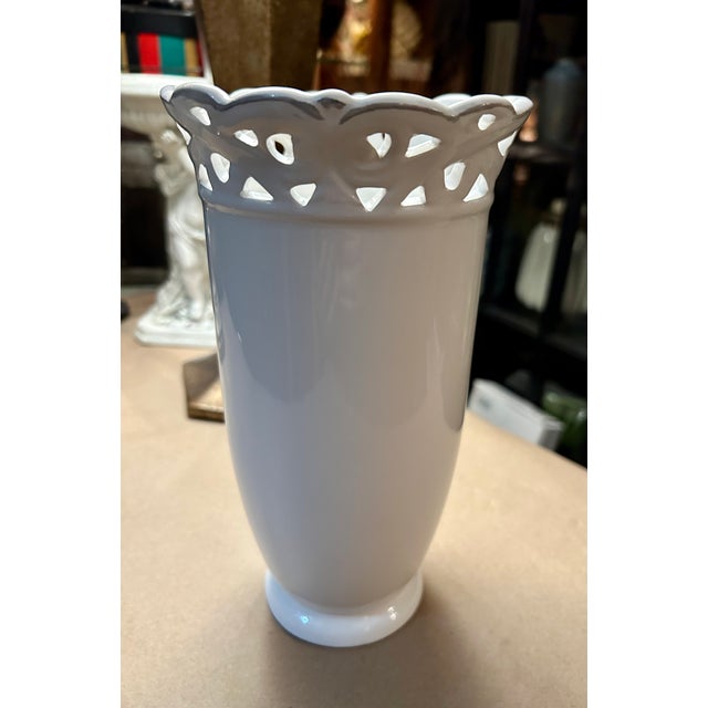 Ceramic 1980s Vintage Victorian Style Milk White Vase With Cutouts and Soft Gray Flowers For Sale - Image 7 of 7