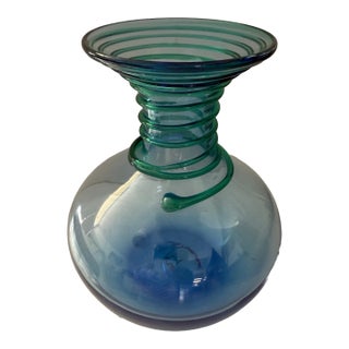 Late 20th Century Blue Glass Vase With Green Spiral Coil Pattern, Blenko For Sale