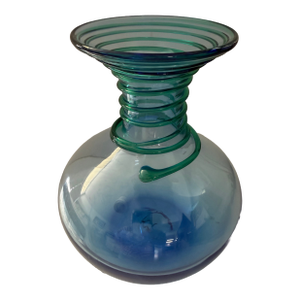 Late 20th Century Blue Glass Vase With Green Spiral Coil Pattern, Blenko