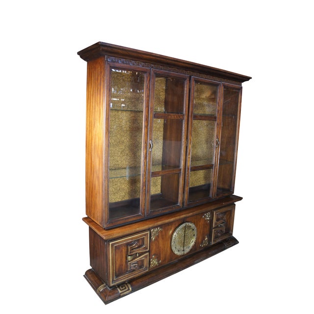 Chinese 1970s Oak Chinese Chinoiserie Shou Ming Style China Display Cabinet Credenza 84" For Sale - Image 3 of 16