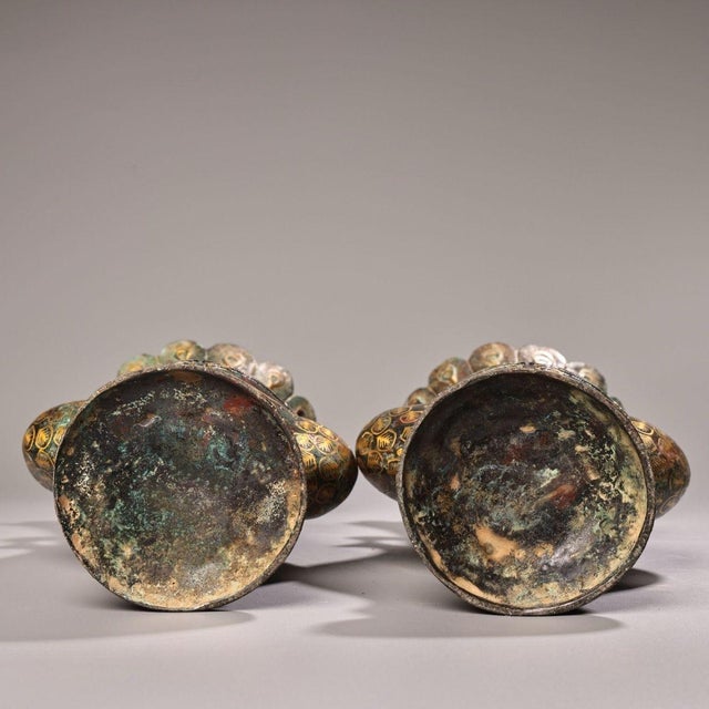 Late 20th Century Pair of Vintage Gold-Inlaid Bronze Peacock Vases - Asian Chinoiserie Archaic Vessels For Sale - Image 5 of 9