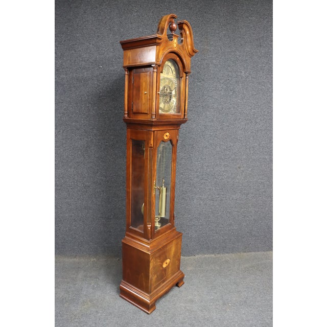Howard Miller “Taylor” Mahogany Grandfather Clock With Brass Dial & Triple Weights For Sale - Image 10 of 14