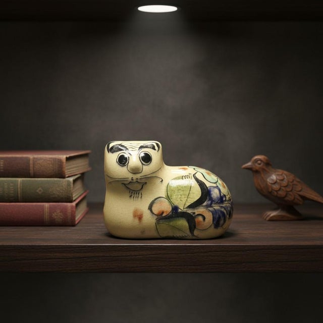 Handcrafted Tonalá pottery cat from Jalisco, Mexico, a region celebrated for its centuries-old ceramic tradition blending...