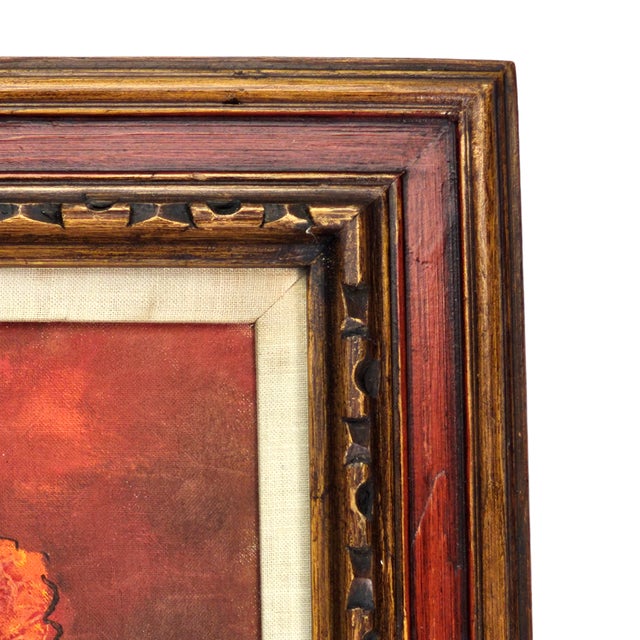 Vintage Red Flower Oil on Board Painting Wood Frame Signed "Harper" For Sale - Image 9 of 11