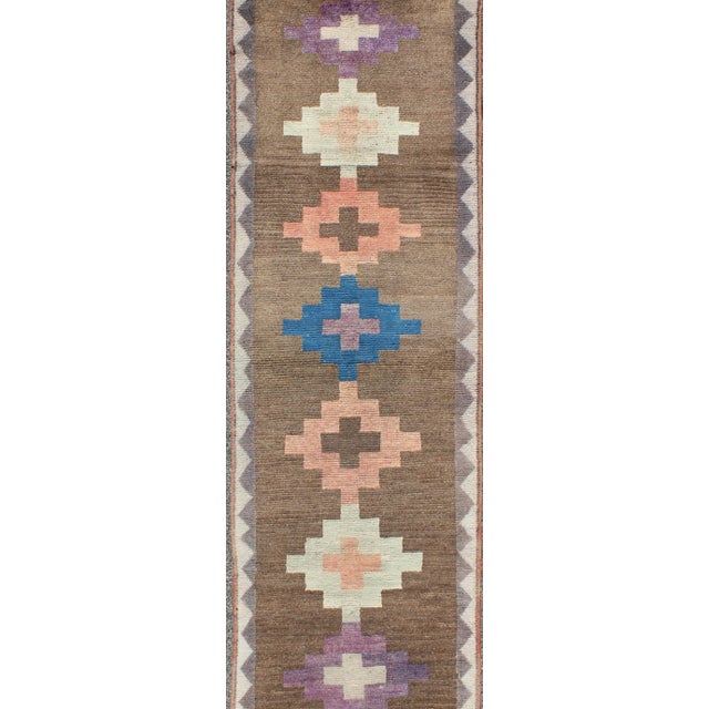 Vintage Turkish Tulu Runner With Tribal Design in Light Pink, Blue and Lavender For Sale - Image 4 of 8