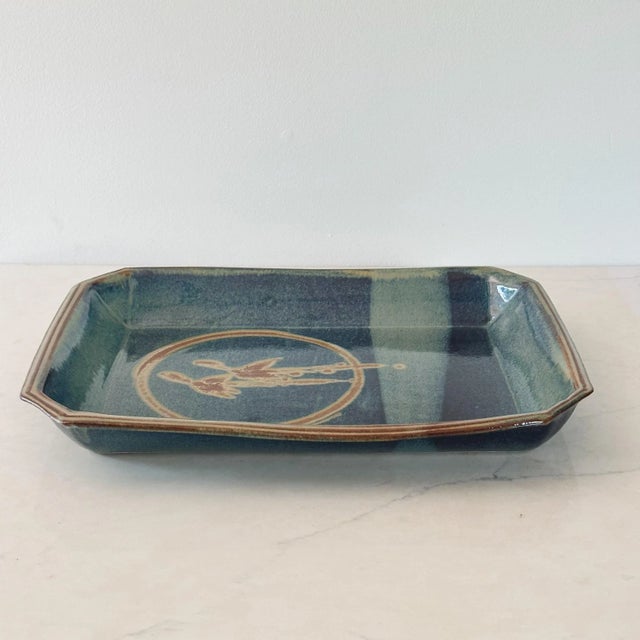 Japanese Mid-Century Japanese Pottery Tray With Two Abstract Birds in Teal For Sale - Image 3 of 9
