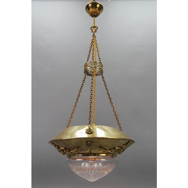 French Brass and Bronze Pendant Light with Cut Glass Lampshade, 1900s For Sale - Image 3 of 18