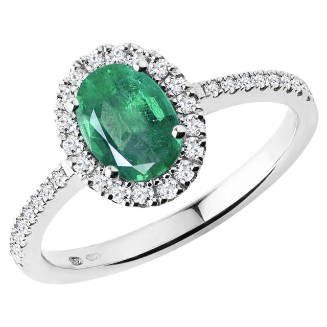 Modern 6x8mm Oval Cut Natural Emerald & 1 Ct Natural Diamond Halo Engagement Ring Size6 For Sale - Image 3 of 8