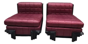 Late 20th Century Postmodern Lounge Chairs With Stepped Black Lacquer Bases by Interior Crafts