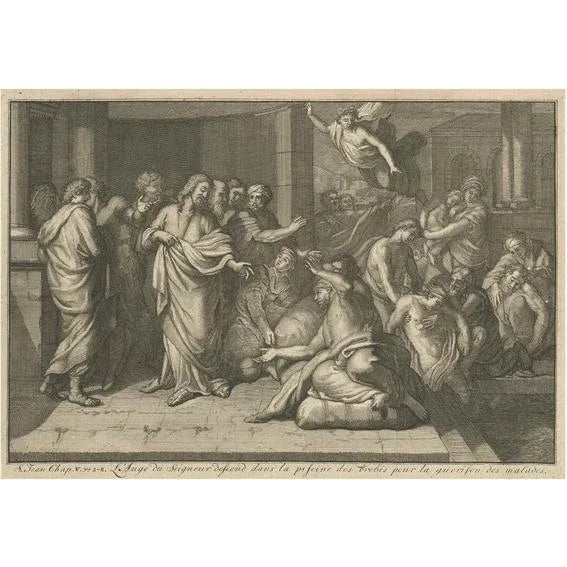 Mid 18th Century The Angel & Jesus with the Sick in Bethesda Near Jerusalems Sheep Gate, 1754, Paper For Sale - Image 5 of 5