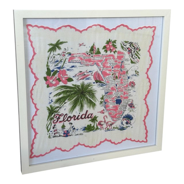 Vintage Coastal Florida Handkerchief White Framed Wall Textile Art For Sale