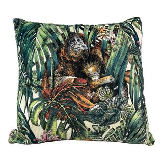 20" Square Decorative Throw Pillow Decorated With a Mother Orangutan/Ape & Baby Resting Among Lush Green Jungle Foliage - Made in the U K For Sale