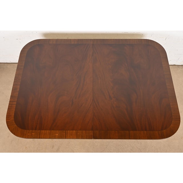 Baker Furniture Style Georgian Banded Flame Mahogany Double Pedestal Extension Dining Table, Newly Refinished For Sale - Image 9 of 12