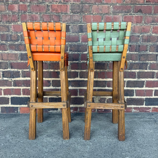 Pair of Ranch Oak Rustic Leather and Wood Bar Stools For Sale In Cleveland - Image 6 of 12