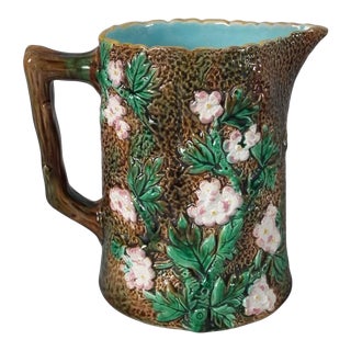 Victorian George Jones Majolica Rustic Blossom Pitcher For Sale