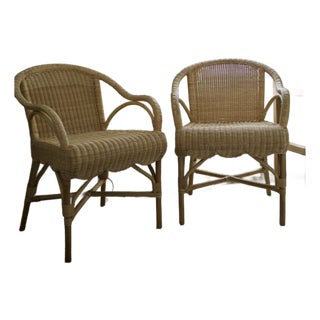 Kathy Kuo Natural Rattan Scalloped Dining Arm Chair Set of 2 For Sale
