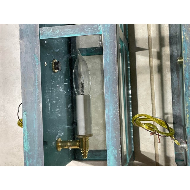 Exquisite Vintage Verdigris Brass Wall Lanterns / Sconces – Pair For Sale - Image 17 of 17