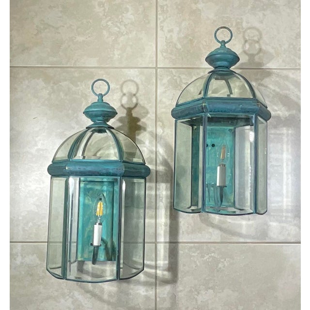 Exquisite Pair of Solid Brass & Verdigris Wall Lanterns For Sale - Image 10 of 17