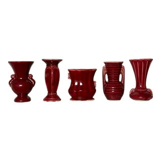 Vintage Neoclassical Style American Red Glazed Pottery Vases, Set of 5 For Sale