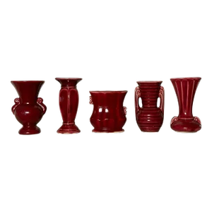 Vintage Neoclassical Style American Red Glazed Pottery Vases, Set of 5