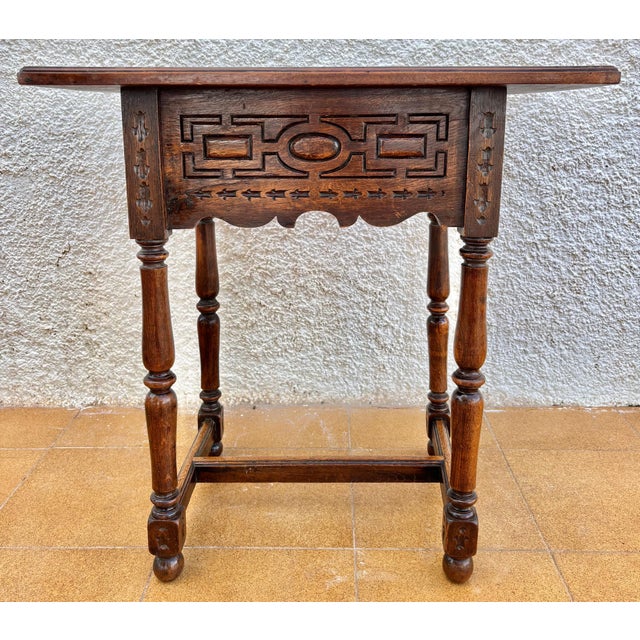 Wood Antique Castilian Oak Side Table With One Carved Drawer, 1920s For Sale - Image 7 of 15