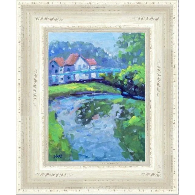 Contemporary Blue Bridge at the Canal Oil Painting For Sale - Image 3 of 6