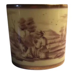 Antique Early 19th Century George III Pinxton Porcelain Coffee Can with Sepia Decoration of a Man & Dog