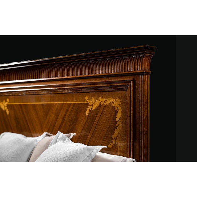 Rustic Handcrafted Italian Empire Style Walnut Bed With Marquetry Headboard For Sale - Image 3 of 7