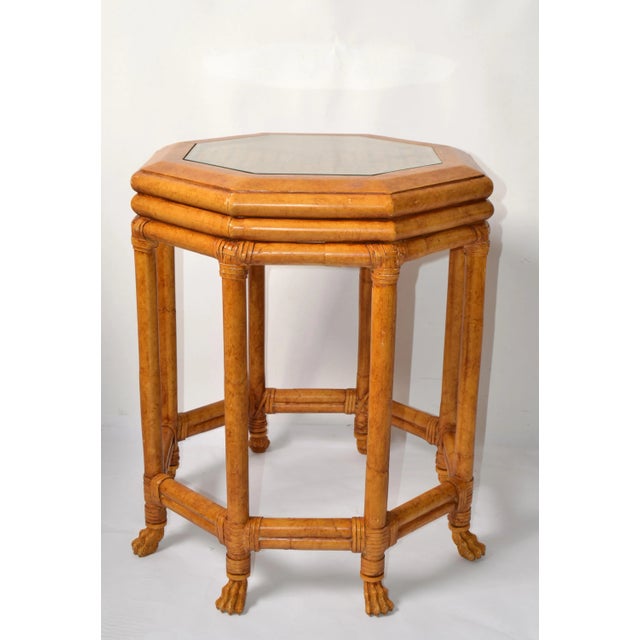 Mid-Century Modern 1980s McGuire Style Octagonal Bamboo Burl Veneer Leather Bindings Glass Accent Table For Sale - Image 3 of 12