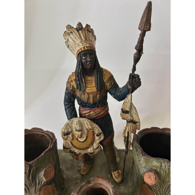 A rare, antique cold-painted spelter figural smoking desktop set, late 19th to early 20th century, featuring a standing...