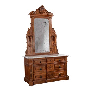 Antique Victorian Mirrored Dresser in Walnut & Burl Walnut With White Marble Top For Sale