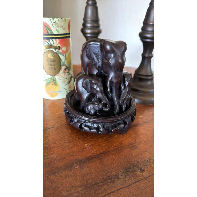 Mid-Century Modern Vintage Hand Carved Elephant Family MCM Dark Wood on Pedastal For Sale - Image 3 of 11