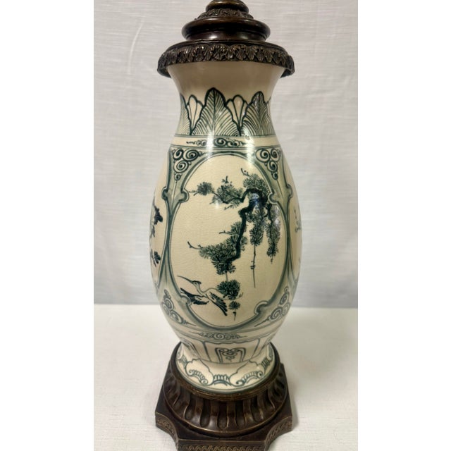 Chinoiserie Stunning Vintage Chinoiserie Blue and White Ginger Jar Style Table Lamp With Cream Shade For Sale - Image 3 of 11