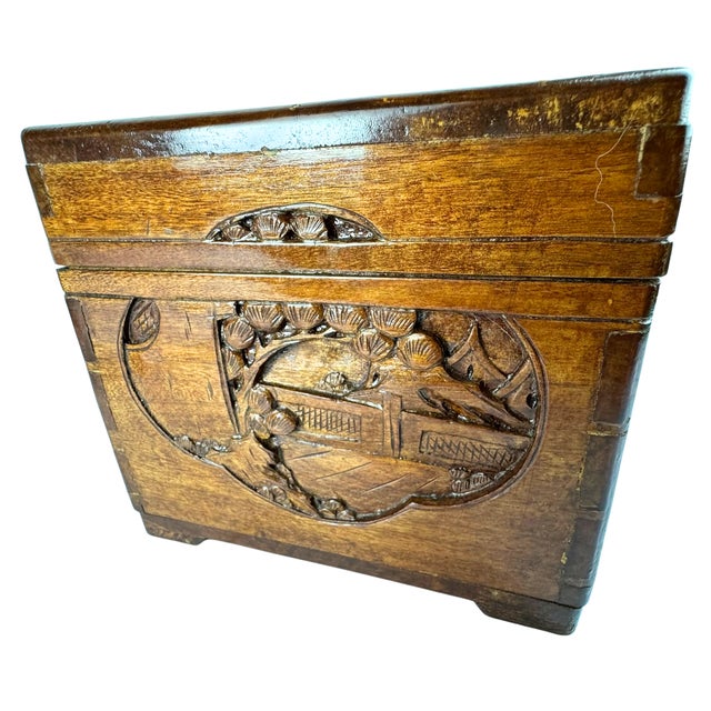 1960s Vintage Hand-Carved Chinese Wood Box Asian Decor For Sale - Image 5 of 10