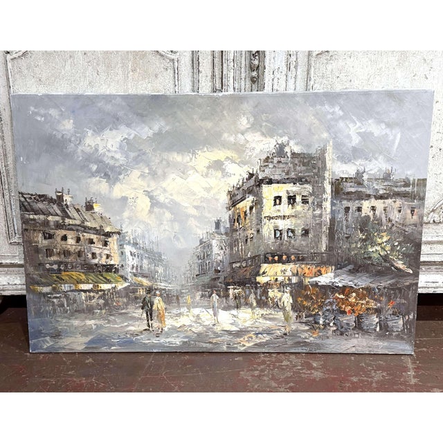 French Set of Three Mid-Century Paris Street Scene Oil Paintings Signed Burnett For Sale - Image 3 of 14
