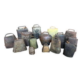 Collection of 15 Antique Hand-Forged Iron & Brass Cowbells With Beautiful Aged Patina For Sale