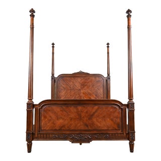 Henredon French Regency Louis XVI Carved Mahogany and Burl Wood Queen Size Poster Bed For Sale