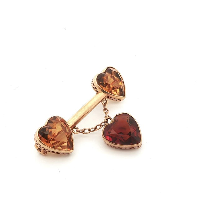 Art Deco 1920 Art Deco Austrian 14k Yellow Gold Citrine Heart Bar Pin/Brooch For Sale - Image 3 of 10