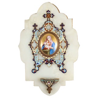 19th Century French Onyx and Cloisonne Ename Holy Water Font Stoop For Sale