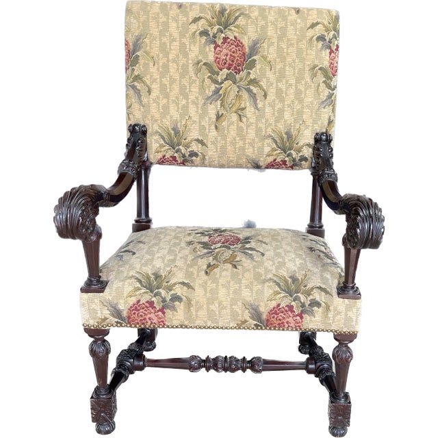 Unusual Antique Gothic Style Victorian Period Open Arm Chair With Pineapple Print Fabric For Sale - Image 12 of 13