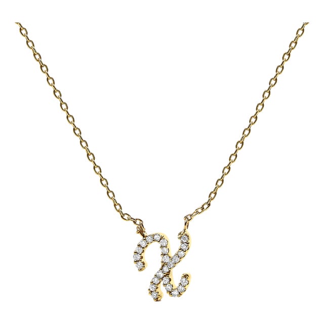10K Yellow Gold Diamond Accent "X" Initial Script Style Pendant Necklace For Sale