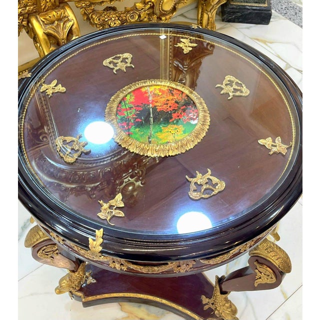 French 1990s French Style Wood Side Table With Glass Top, Gold Leaf Details For Sale - Image 3 of 6