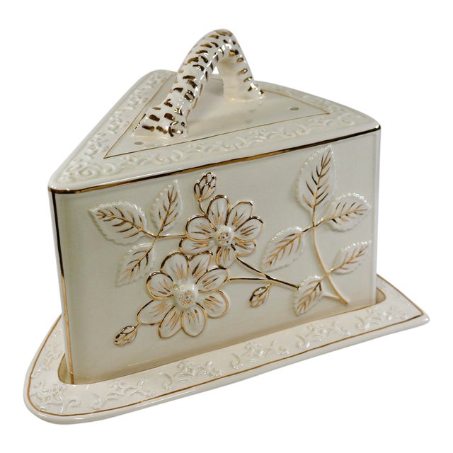 Vintage Abigails Gold-Trimmed Floral Porcelain Covered Cheese Wedge Dome & Tray For Sale