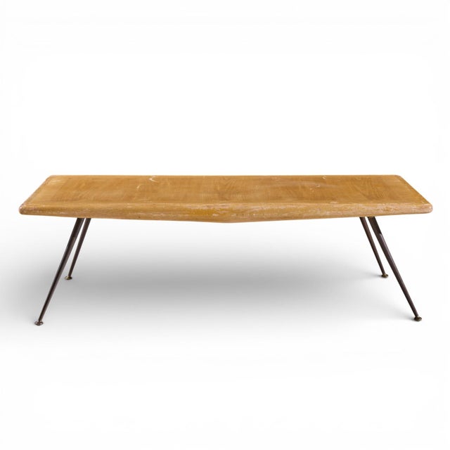 T.H. Robsjohn Gibbings for Widdicomb Mid Century Brass Leg Mahogany Coffee Table Bench This coffee table measures: 54 wide...