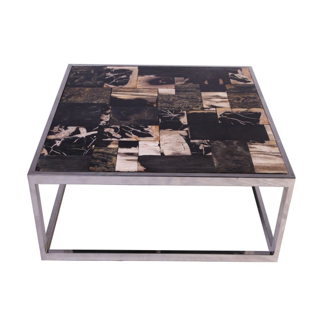 Metal Organic Modern Square Sliced Petrified Wood Top Coffee Table For Sale - Image 7 of 11