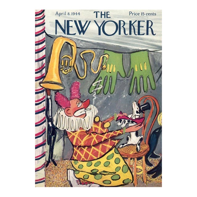 1944 Vintage New Yorker Magazine Cover, April 8, Ludwig Bemelmans Cover Art, Clown, Circus Dog For Sale