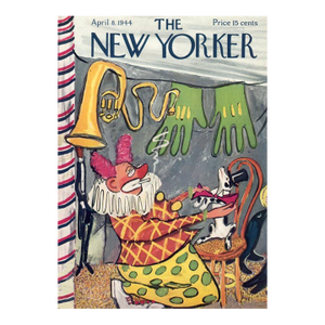 1944 Vintage New Yorker Magazine Cover, April 8, Ludwig Bemelmans Cover Art, Clown, Circus Dog