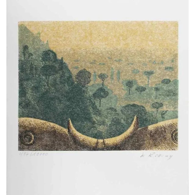 Tuscan Landscape is a color linocut realized in 1970s by the Austrian artist Karl Rössing (1897-1987). Hand-signed and...