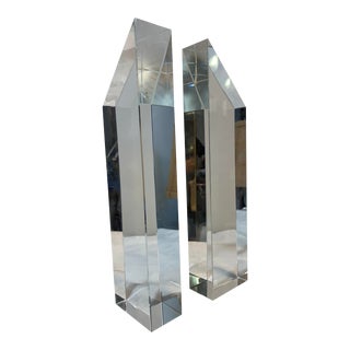 Mid Century Modern Pair of Tall Crystal Pillar Bookends For Sale