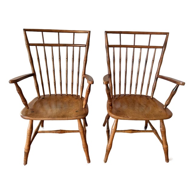 Pair Ethan Allen Birdcage Arm Chairs Cherry Wood Windsors For Sale